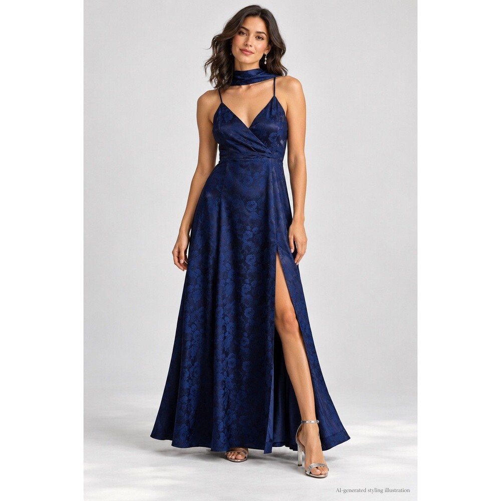 Lulus Mahira XS Navy Satin Jacqurad Surplice Sash Scarf Maxi Dress Bridesmaid
